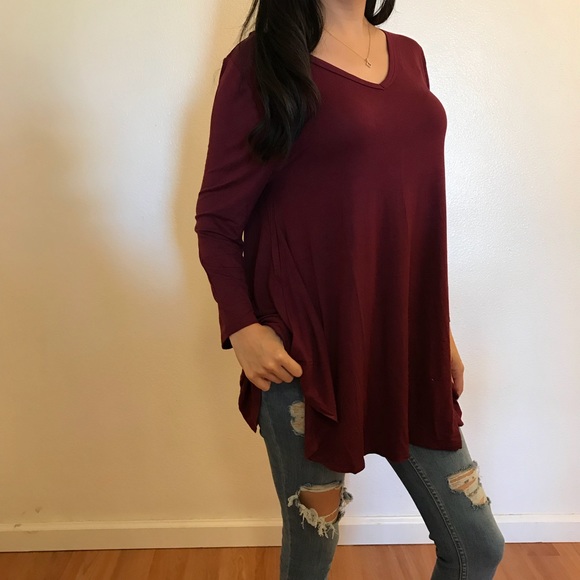 Burgundy V Neck Loose Top - Picture 3 of 4
